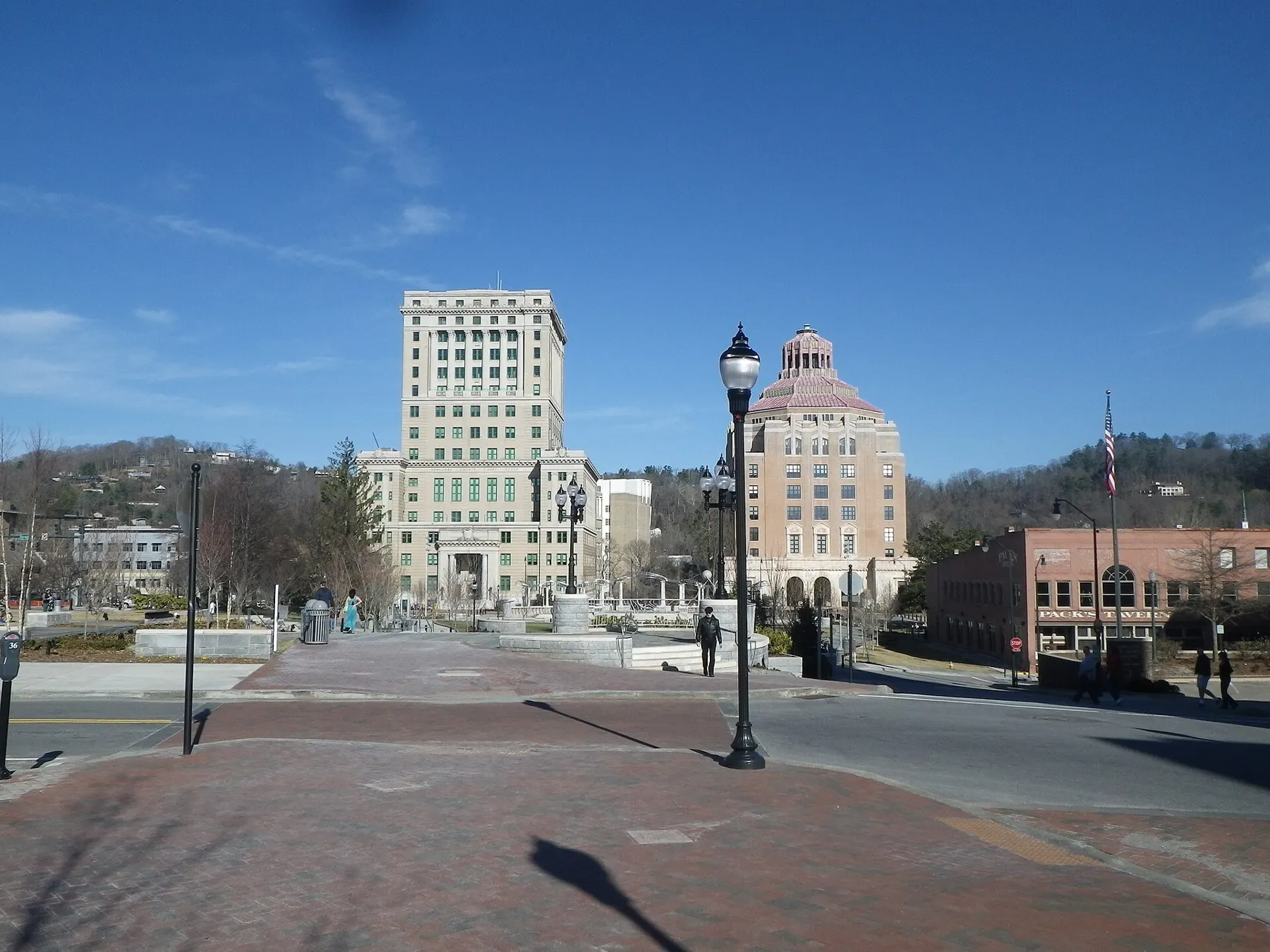 Pack Square Park in downtown Asheville with the City Building and the Buncombe County Courthouse